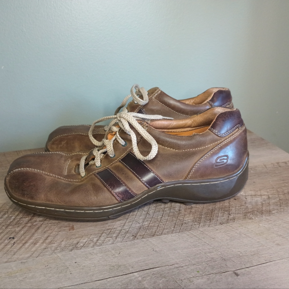 Vtg Skechers Mens Extra Wide Leather Sneakers 11.5D Y2K Brown Stripe Chunky